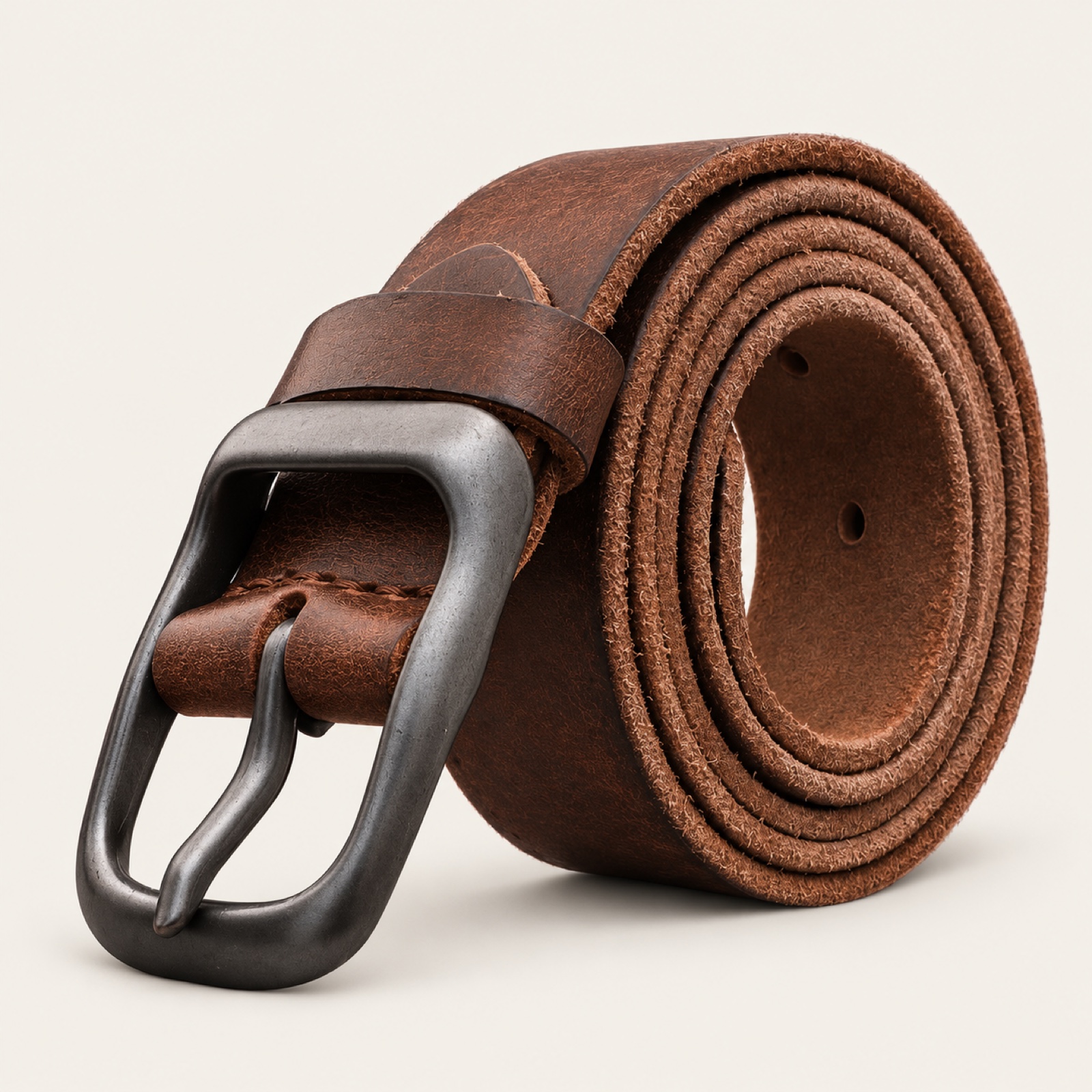 Brown leather pin buckle belt, coiled, with a matte dark buckle