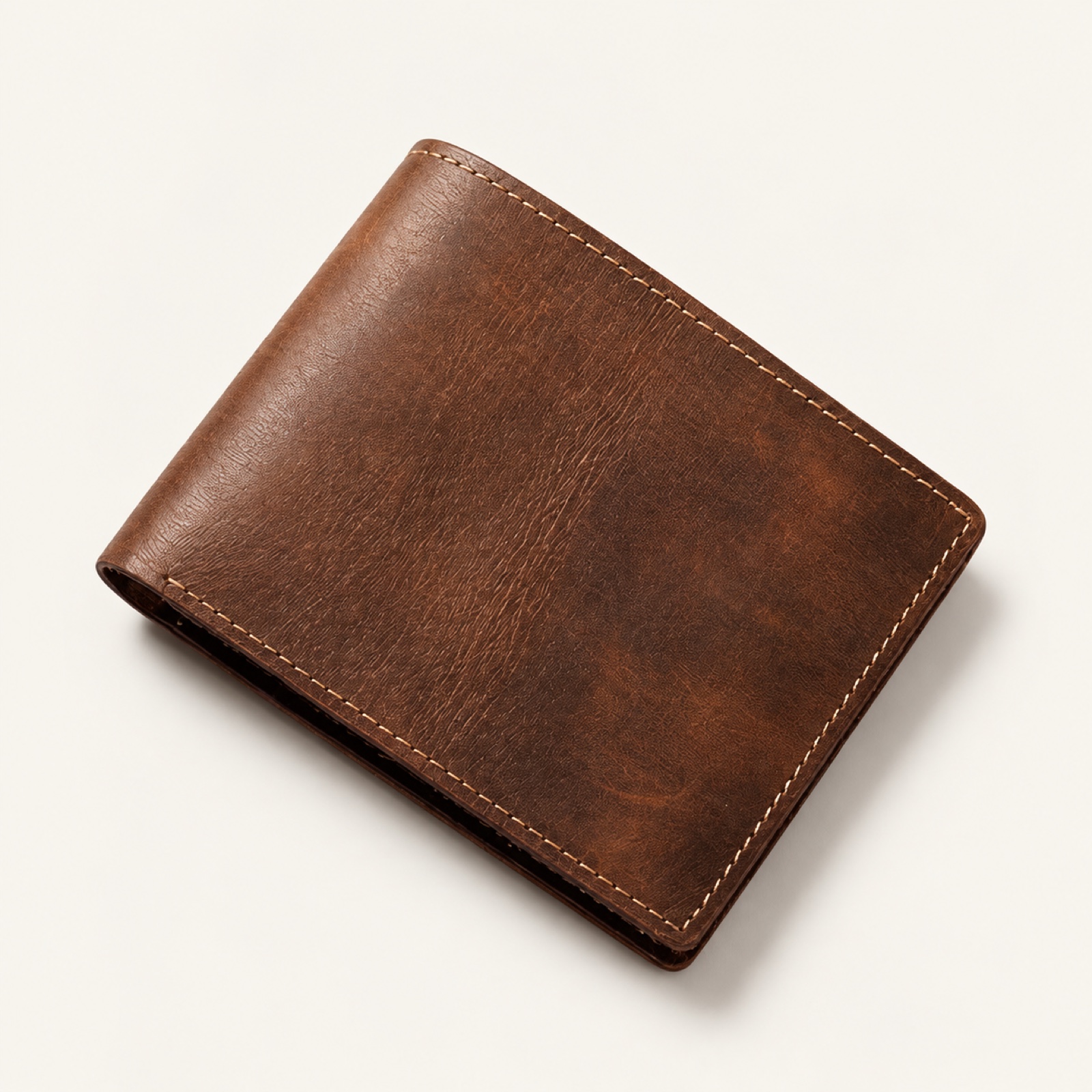 Crazy horse leather bifold wallet in brown, closed, three quarter view
