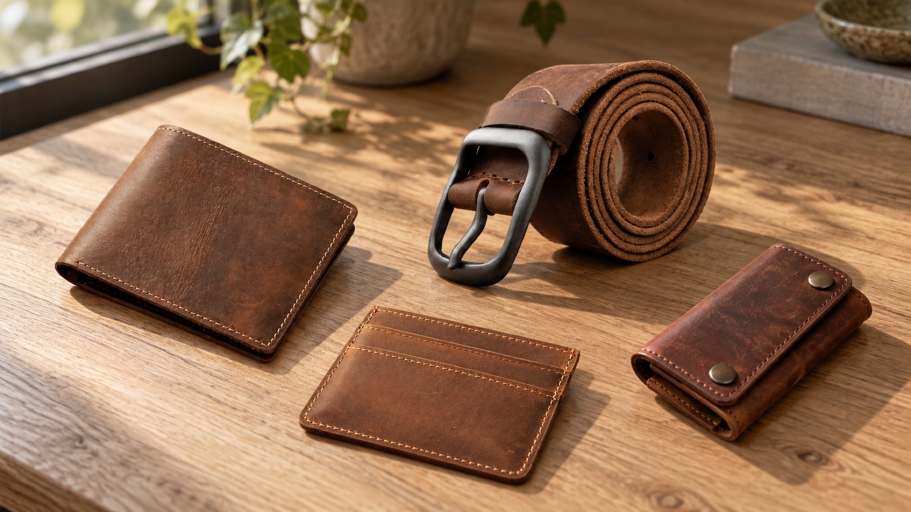 The four Pearson Jones leather pieces arranged on an oak table