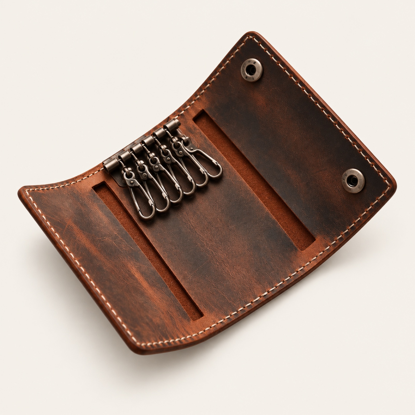 Crazy horse leather key case in reddish brown, open, showing six key hooks